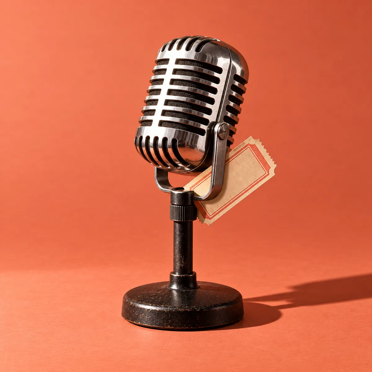 A vintage chrome stage microphone with an admission ticket tucked into its clip, on a coral backdrop.