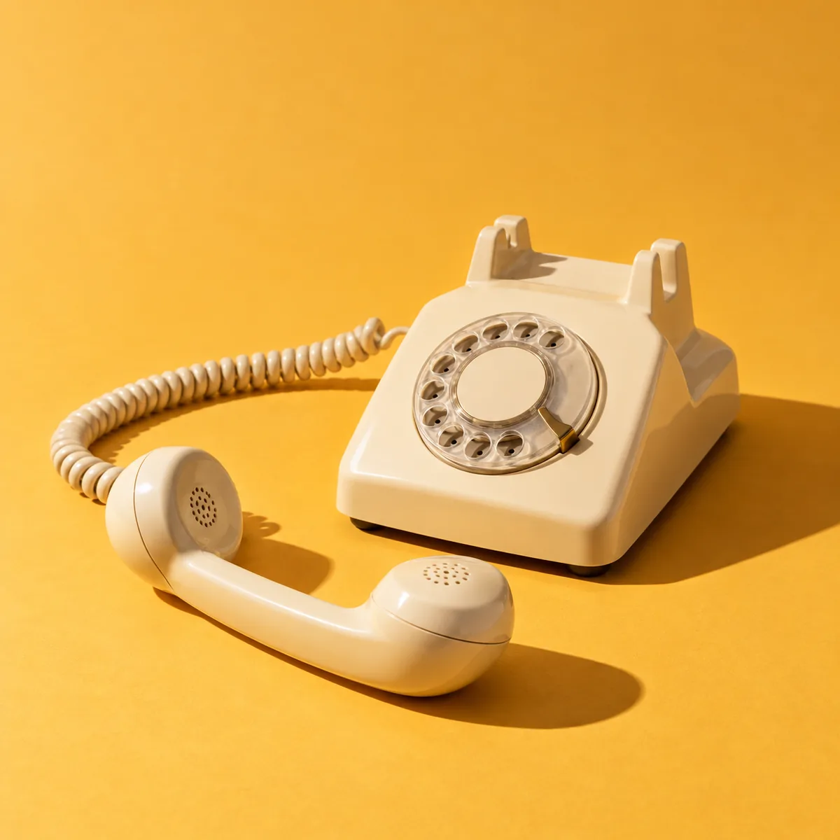 A cream rotary phone with the handset off the hook, on a saffron backdrop.