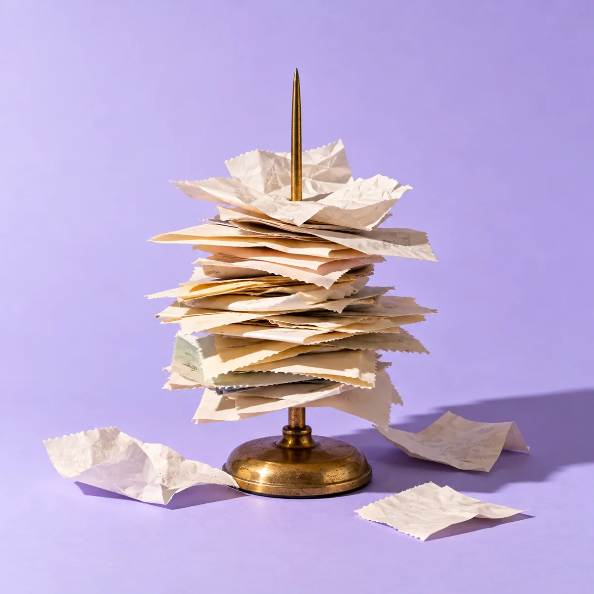 A brass receipt spike piled high with crumpled receipts, on a lilac backdrop.