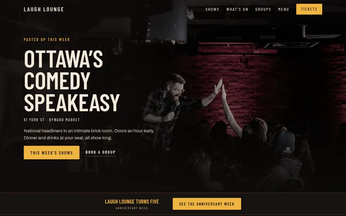 The rebuilt Laugh Lounge website: a comedian high-fiving the front row under the headline Ottawa's comedy speakeasy.